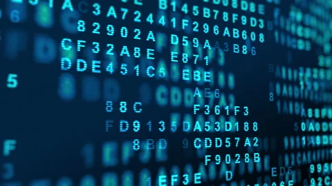 Hexadecimal big data digital code running through black and blue mainframe in a Stock Footage 150752472