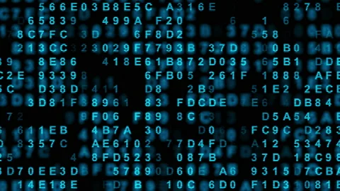 Hexadecimal big data digital code running through black and blue mainframe in a Stock Footage 150752607