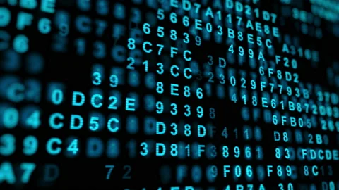 Hexadecimal big data digital code running through black and blue mainframe in a Stock Footage 150885848