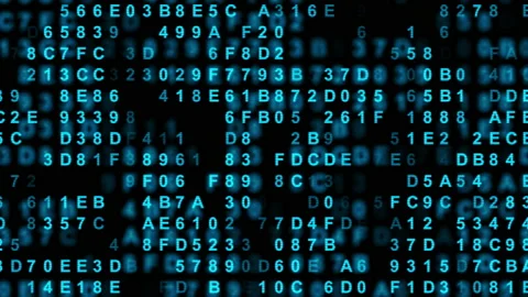 Hexadecimal big data digital code running through black and blue mainframe in a Stock Footage 150886425