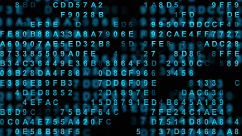 Hexadecimal big data digital code running through black and blue mainframe in a Stock Footage 151188425