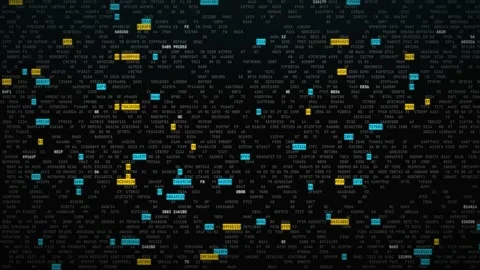 Hexadecimal code data screen with highlighted cyan and yellow values scrolling Stock-Footage 347372366