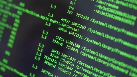 Hexadecimal code running up a computer screen. Green-ish digits. Close-up shot Stock Footage 119422509