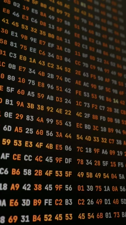 Hexadecimal Code Streaming Across Computer Monitor in Angled View Stock Footage 347522728