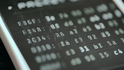 Hexadecimal data, memory addresses followed by pairs of hexadecimal digits Stock Footage 331129194