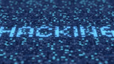 Hexadecimal symbols on a blue computer display compose HACKING word. Loopable 3D Stock Footage 112143780