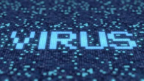 Hexadecimal symbols on a blue computer screen form VIRUS word. 3D rendering 库存插图
