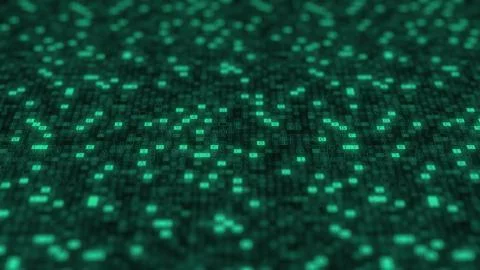 Hexadecimal symbols flashing on a green computer screen. 3D rendering Illustration