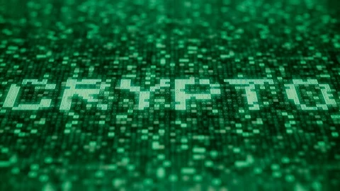 Hexadecimal symbols on a green computer screen compose CRYPTO word. Loopable 3D Stock Footage 110753613