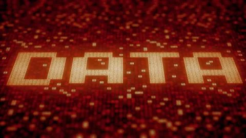 Hexadecimal symbols on a red computer screen compose DATA word. 3D rendering 库存插图