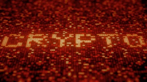 Hexadecimal symbols on a red display compose CRYPTO word. Loopable 3D animation Stock Footage 112143418