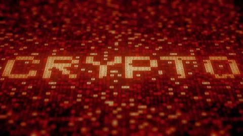 Hexadecimal symbols on a red display compose CRYPTO word. 3D rendering Illustration