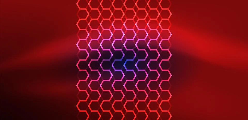 Hexagon abstract background. Techno glowing neon hexagon shapes vector Stock Illustration