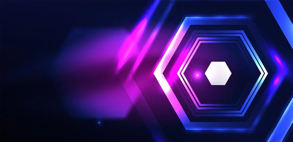 Hexagon abstract background. Techno glowing neon hexagon shapes vector Stock Illustration