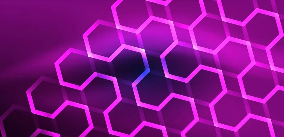 Hexagon abstract background. Techno glowing neon hexagon shapes vector Illustrazione stock