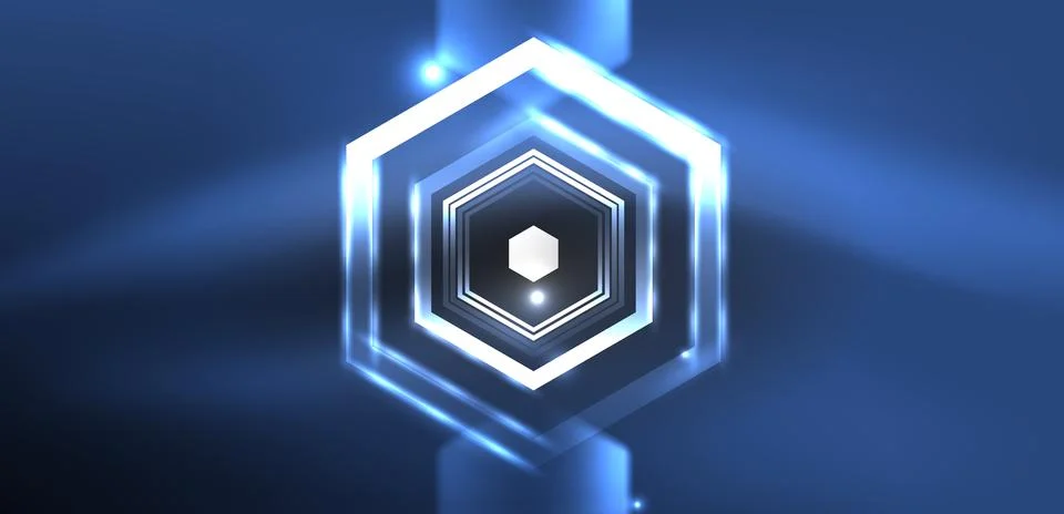 Hexagon abstract background. Techno glowing neon hexagon shapes vector Stock Illustration