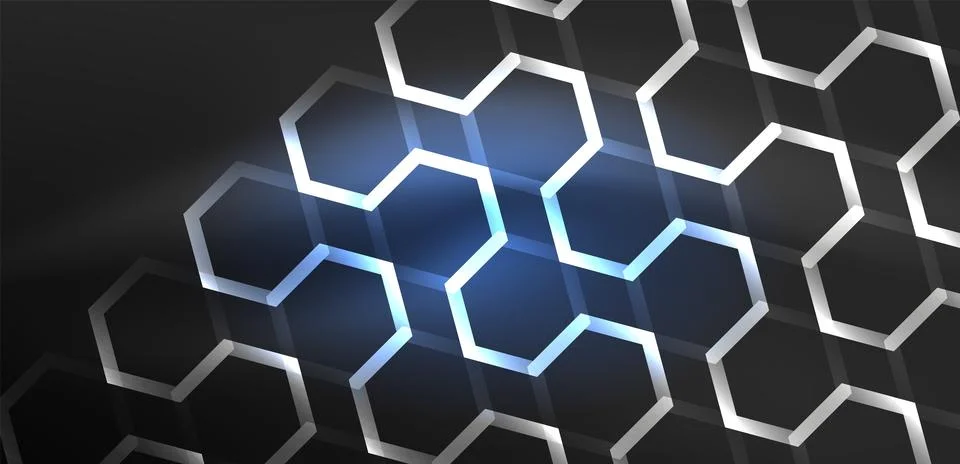 Hexagon abstract background. Techno glowing neon hexagon shapes vector Stock Illustration