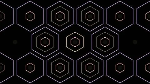 Hexagon and line patterns form a geometric design on black Illustrazione stock