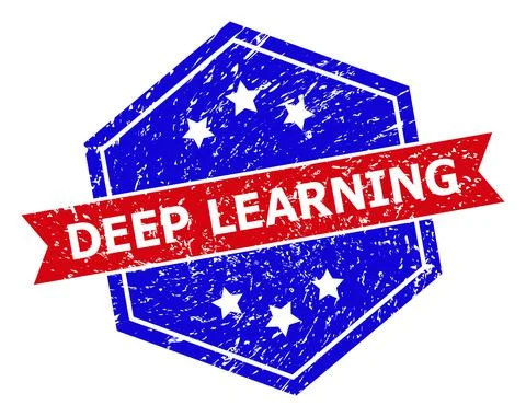 Hexagon Bicolor DEEP LEARNING Stamp Seal with Unclean Style Stock Illustration
