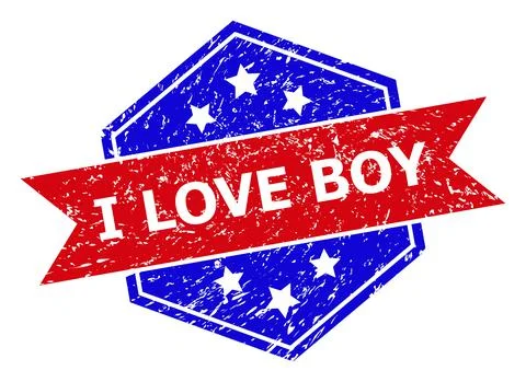 Hexagon Bicolor I LOVE BOY Rubber Stamp with Corroded Surface Stock Illustration