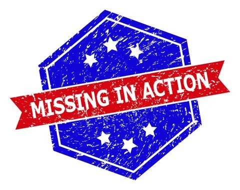 Hexagon Bicolor MISSING IN ACTION Seal with Unclean Surface Stock Illustration