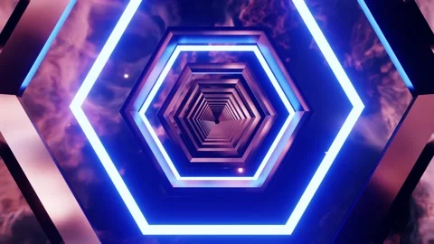 Hexagon blue  tunnel VJ loop with space nebula background0001-0300 Stock Footage 343863522