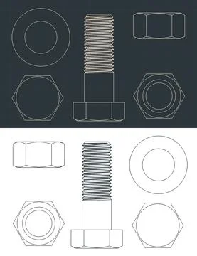 Hexagon bolt and nuts head blueprints Illustrazione stock