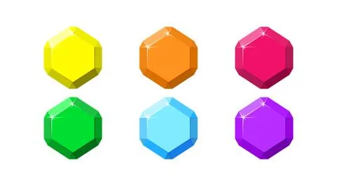 Hexagon colorful gemstones. Ruby, emerald, amethyst, diamond and quartz top view Stock Illustration