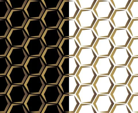 Hexagon comb seamless pattern. Gold gradient color geometrical grid. Black or Stock Illustration