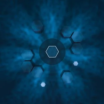 Hexagon cube with dark background, surrounded by glowing lines, 3d rendering. Stock Illustration
