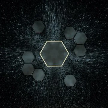 Hexagon cube with dark background, surrounded by glowing lines, 3d rendering. Stock Illustration