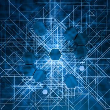 Hexagon cube with dark background, surrounded by glowing lines, 3d rendering. Stock Illustration