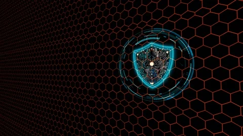 Hexagon digital ring security blue light wire red and futuristic shiield pr.. Video stock 273429062