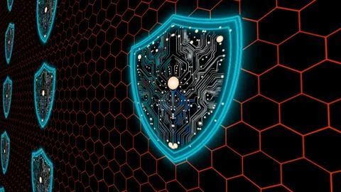Hexagon digital security blue light wire change to red and futuristic shiie.. Stock Illustration