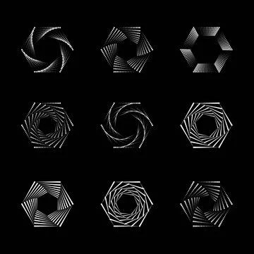 Hexagon dot halftone vortex, spiral twisted geometric shapes icon set, vector Stock Illustration