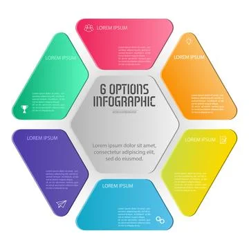 Hexagon infographics. The triangular diagram is divided into 6 parts. Busines Stock Illustration