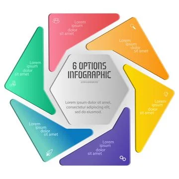 Hexagon infographics. The triangular diagram is divided into 6 parts. Busines Stock Illustration