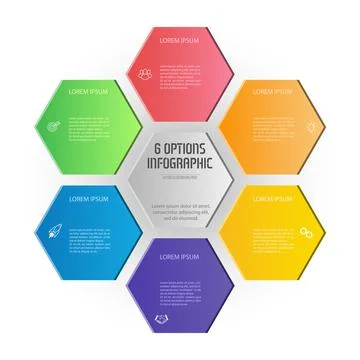 Hexagon infographics. The triangular diagram is divided into 6 parts. Busines Stock Illustration