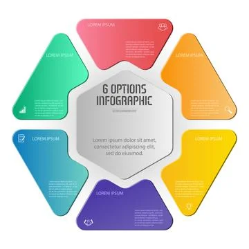 Hexagon infographics. The triangular diagram is divided into 6 parts. Busines Stock Illustration