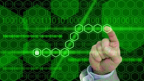 Hexagon lock with hand security concept Illustrazione stock