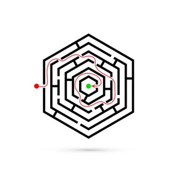 Hexagon maze with way to center. Problem, Business confusion and solution con Stock Illustration