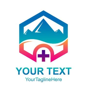 Hexagon - mountain inside hexagon with cross or plus icon Vector logo concept Stock Illustration