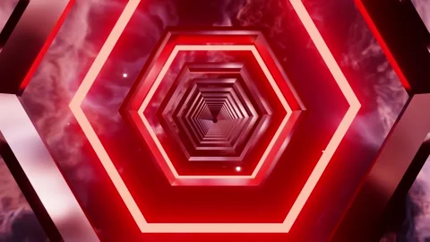 Hexagon neon hell red tunnel VJ loop with space nebula background0001-0300 Stock Footage 346033343