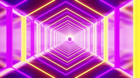 Hexagon neon purple with yellow reflected tunnel VJ loop background0001-0300 Stock Footage 343863570