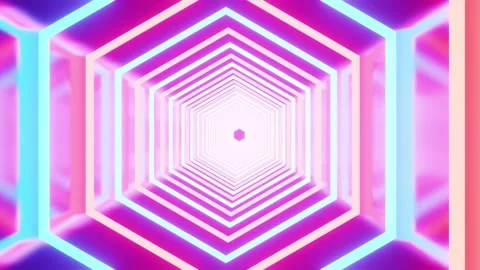 Hexagon neon red and blue horizonal reflected tunnel VJ loop background0001- Stock Footage 343549478