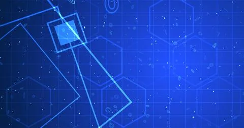 Hexagon network with square geometry shapes moving. Innovation science tech.. Illustrazione stock