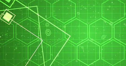 Hexagon network with square geometry shapes moving. Innovation science tech.. Illustrazione stock