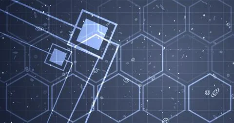 Hexagon network with square geometry shapes moving. Innovation science tech.. Illustrazione stock