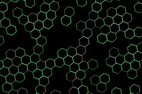 Hexagon pattern with glowing green and red lines on black Stock Illustration