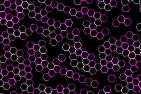 Hexagon pattern with glowing purple and red lines on black Stock Illustration
